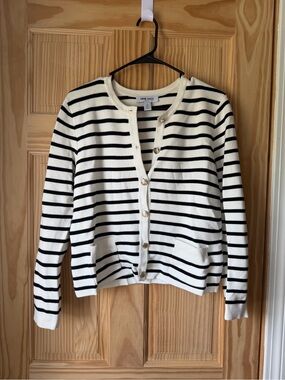 Nine West White and Black Striped Button-Up Cardigan